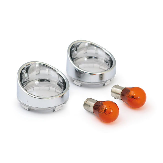Turn signal lens set with visor. Clear lens, amber bulb