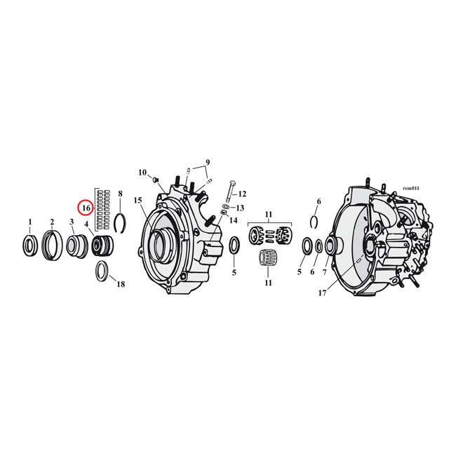 Pinion shaft (right side) crankcase/wheel rollers, +.0008"