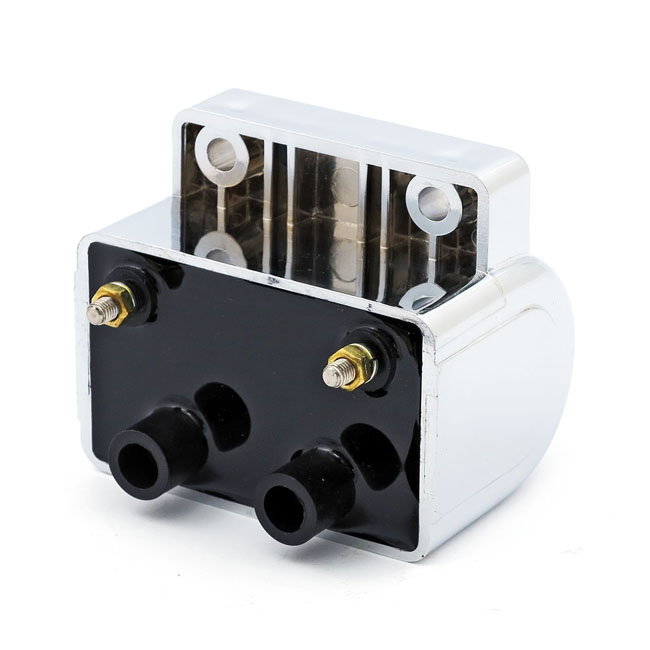 Late OEM style ignition coil. 12v, 5 ohm. Chrome