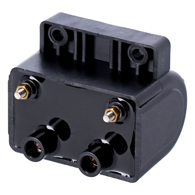 Late OEM style ignition coil. 12v, 5 ohm. Black
