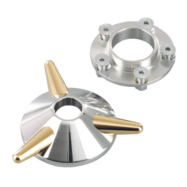 Kustom Tech, spinner wheel hub cover. Aluminum & brass